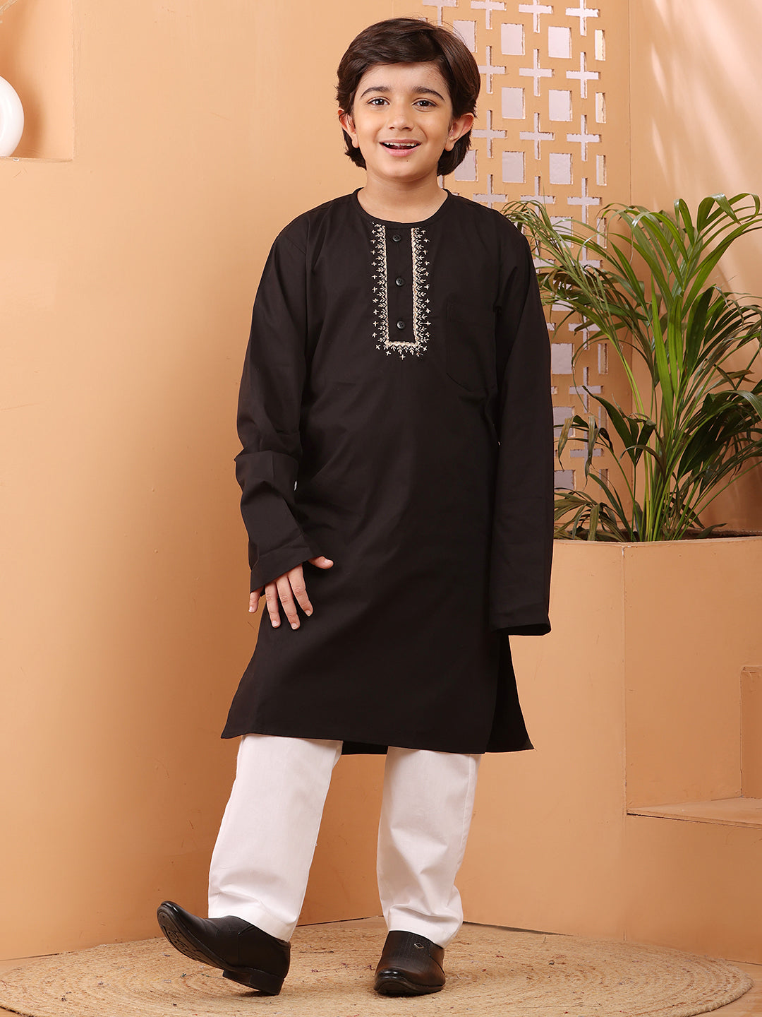 Nabia Black Embroidery Detailing Kids Boy's Kurta Pajama Set