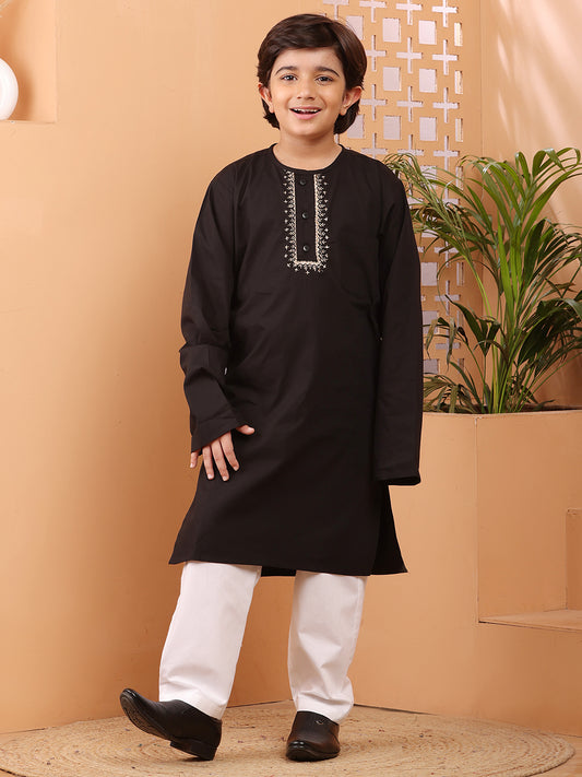 Nabia Black Embroidery Detailing Kids Boy's Kurta Pajama Set