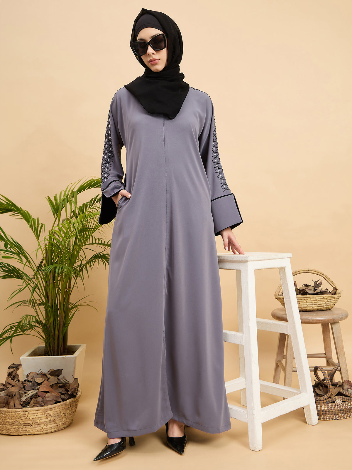 Modest Luxury Handworked Grey Abaya with Black Georgette Hijab