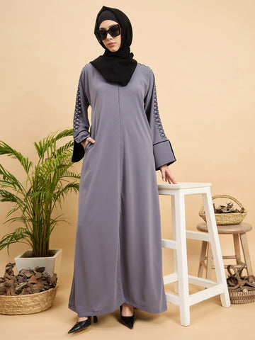 Modest Luxury Handworked Grey Abaya with Black Georgette Hijab