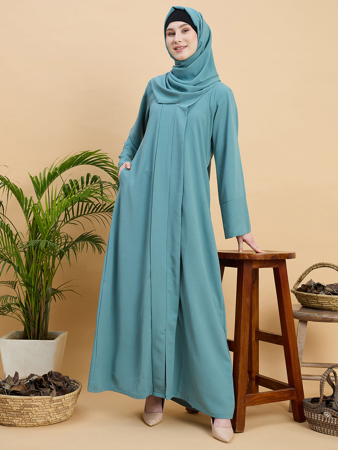 Women’s Solid Sea Green Abaya Burqa with Matching Hijab