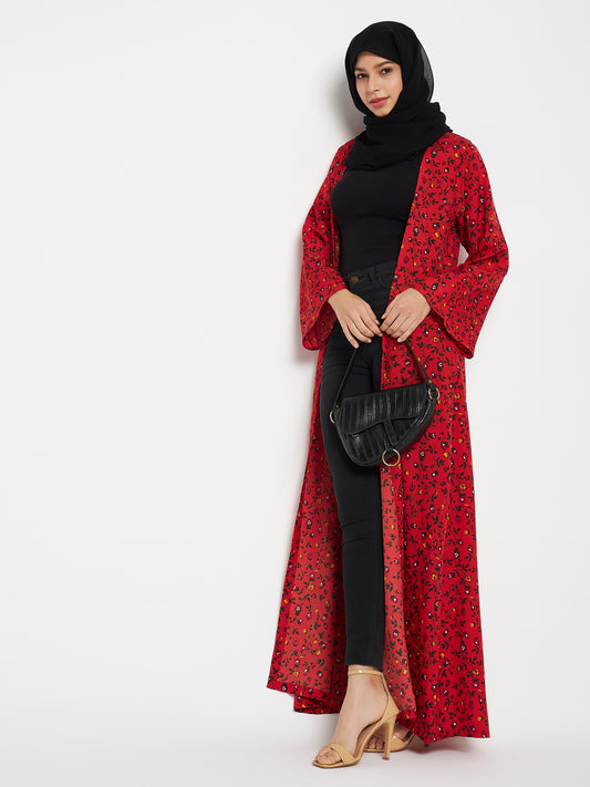 Nabia Women Red Floral Printed Front Open Shrug With Black Scarf