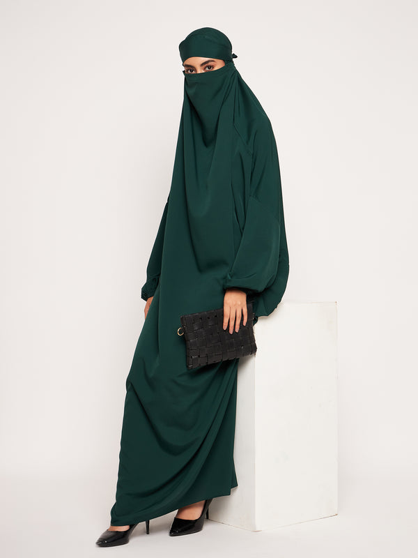 Nabia Bottle Green Solid Free Size Adjustable Nosepiece Jilbab Abaya for Girls and Women