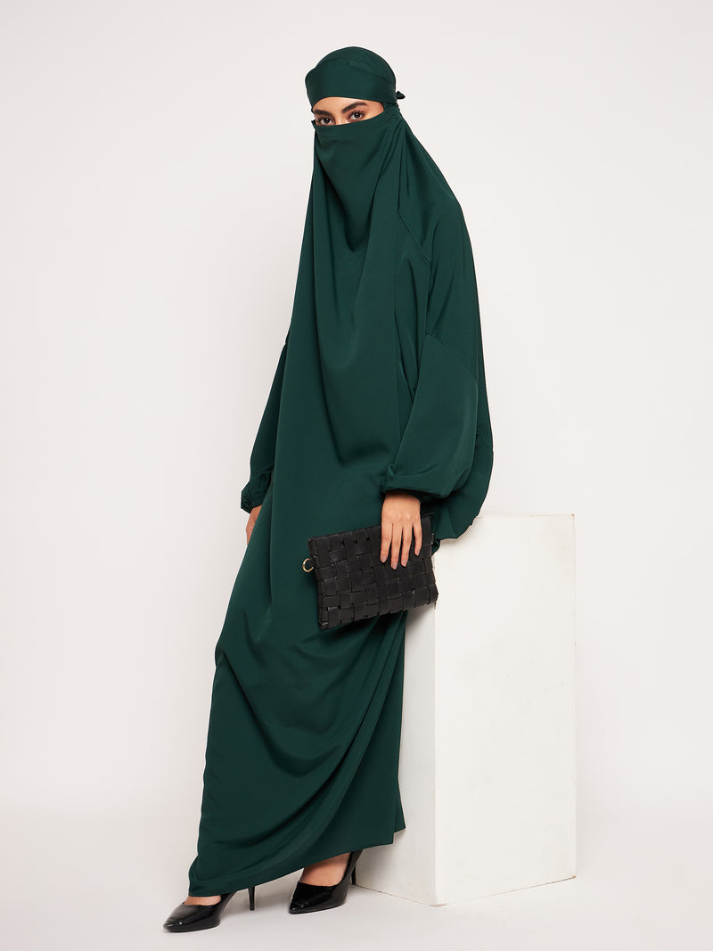 Nabia Bottle Green Solid Free Size Adjustable Nosepiece Jilbab Abaya for Girls and Women