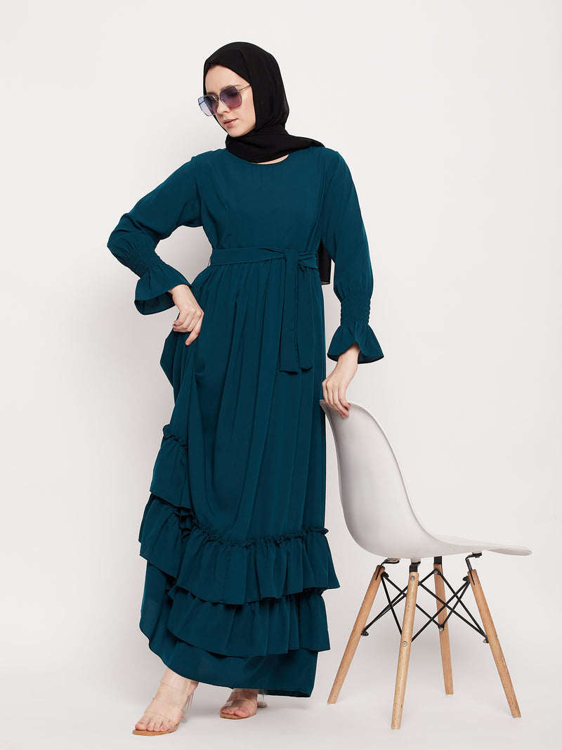 Nabia Women Bottle Green Frill Nida Matte Fabric Abaya Burqa With Black Georgette Scarf