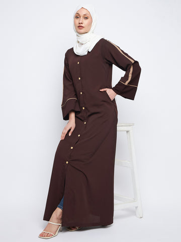 Nabia Front Open Solid Beige Piping Design Brown Abaya Burqa With Black Scarf