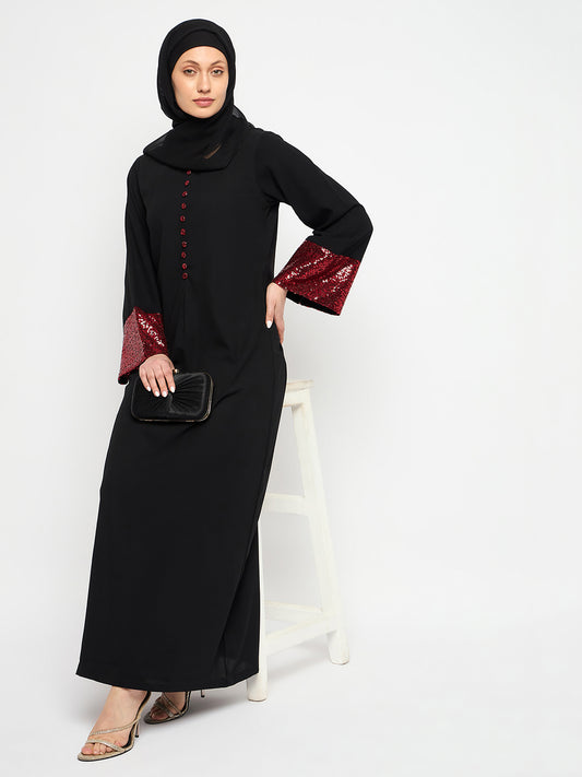 Nabia Embroidery Slip-On Closure Black Casual Abaya Burqa With Black Scarf