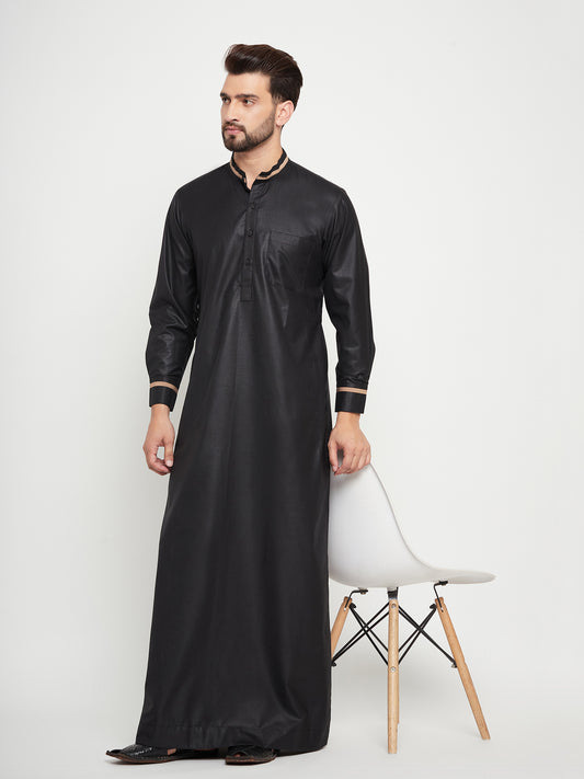 Nabia Black Solid Mens Band Collar Thobe/Jubba with Beige Piping Design
