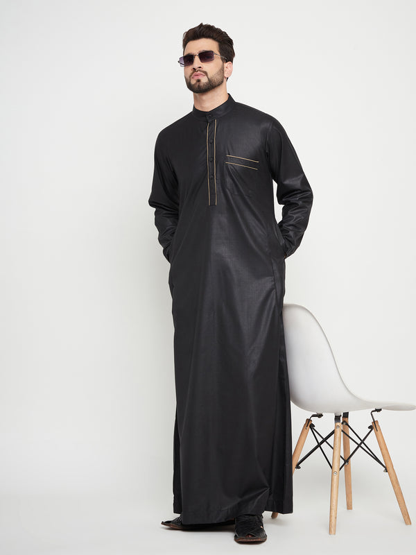 Nabia Black Solid Mens Thobe / Jubba with Beige Piping Design