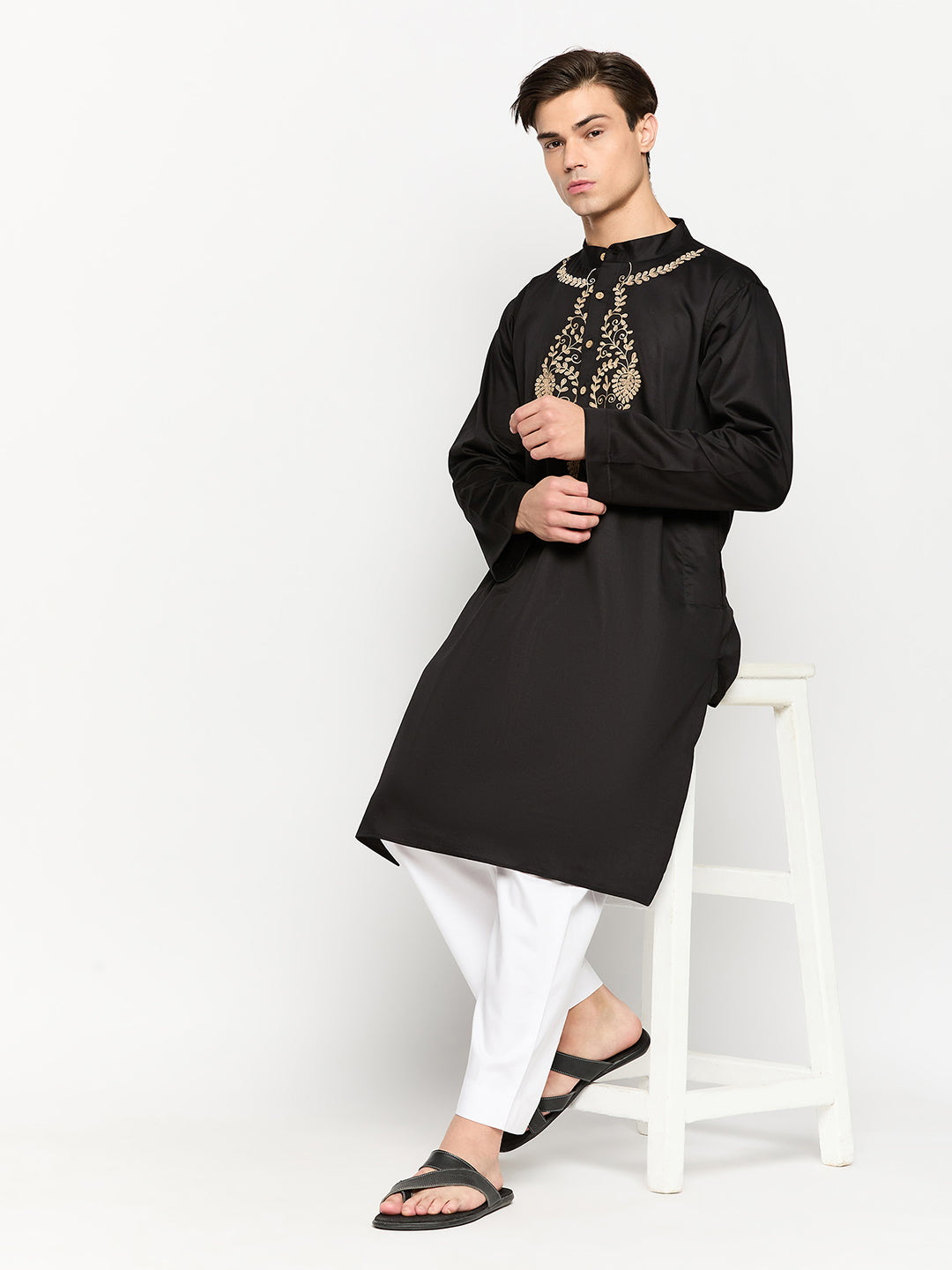 Embroidery Black Kurta and White Pajama Set