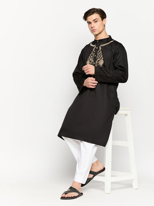 Embroidery Black Kurta and White Pajama Set