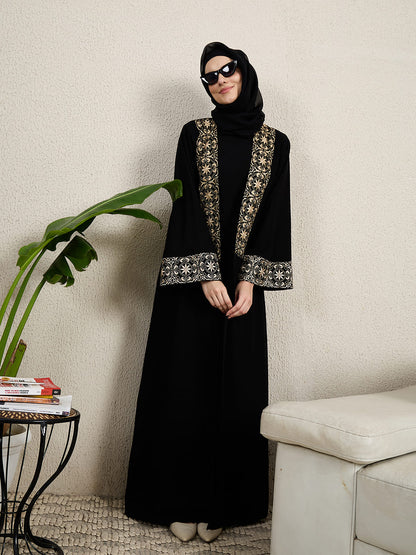 2 Piece Embroidered Black Shrug Set Abaya with Black Hijab