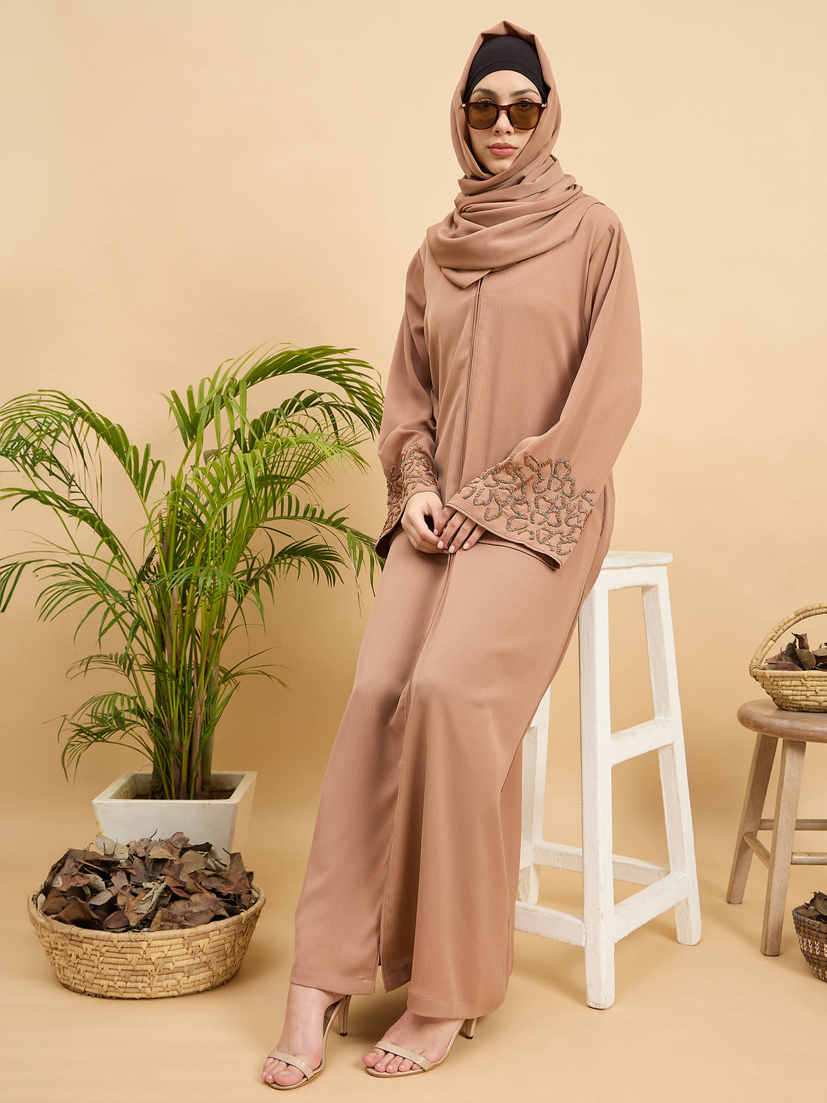 Modest Handworked Luxury Beige Abaya Burqa with Matching Hijab