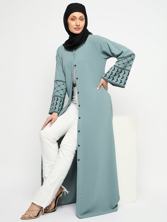 Front Open Kefiyyeh Embroidery Abaya with Black Scarf