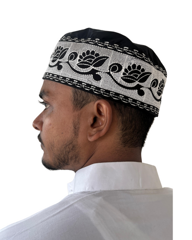 Black Cotton Embroidered Prayer Kufi Cap