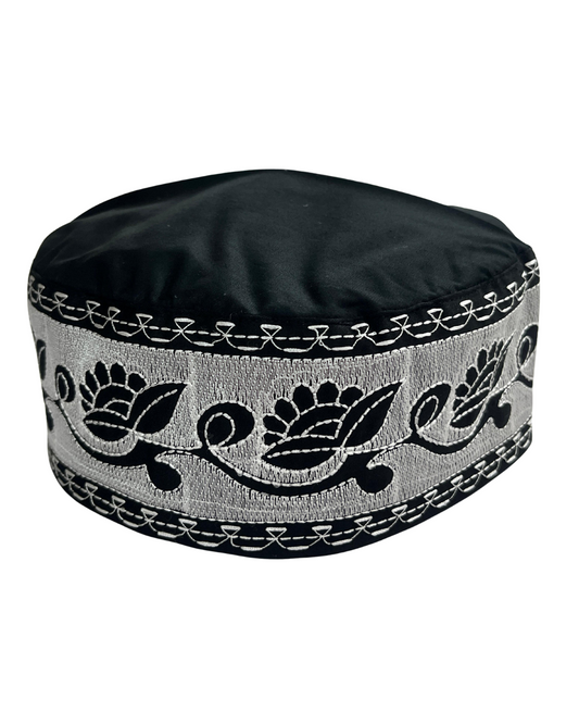 Black Cotton Embroidered Prayer Kufi Cap