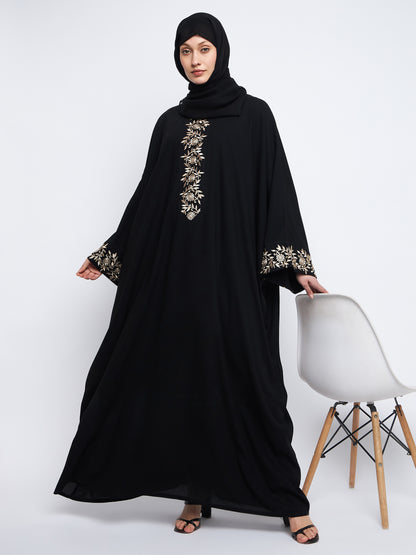 Nabia Embroidery Free Size Black Abaya with Black Scarf