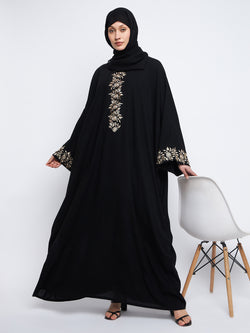 Nabia Embroidery Work Solid Loose Fit Black Abaya Burqa For Women With Black Scarf
