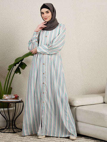 Front Open Printed Abaya Burqa with Black Georgette Scarf