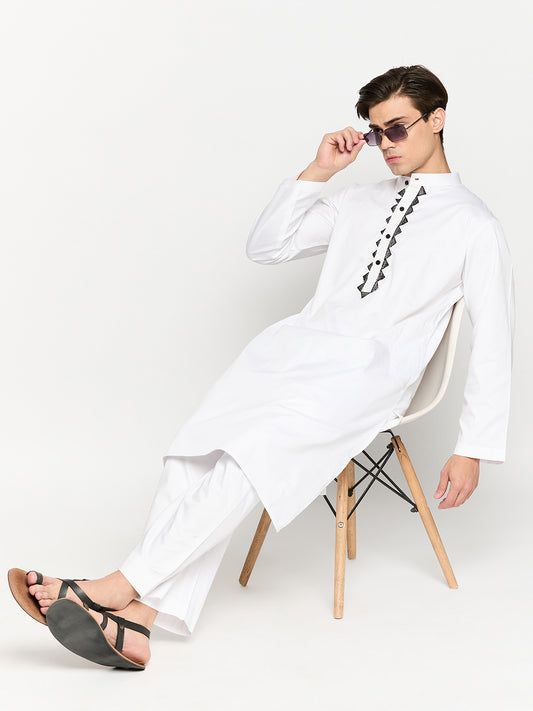 Embroidery Cotton Men's White Kurta Pajama Set