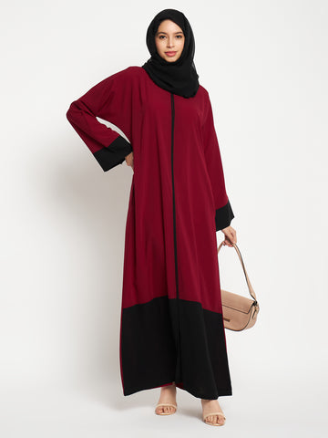 Nabia Women Maroon and Black Solid  A-line Abaya Burqa With Black Scarf