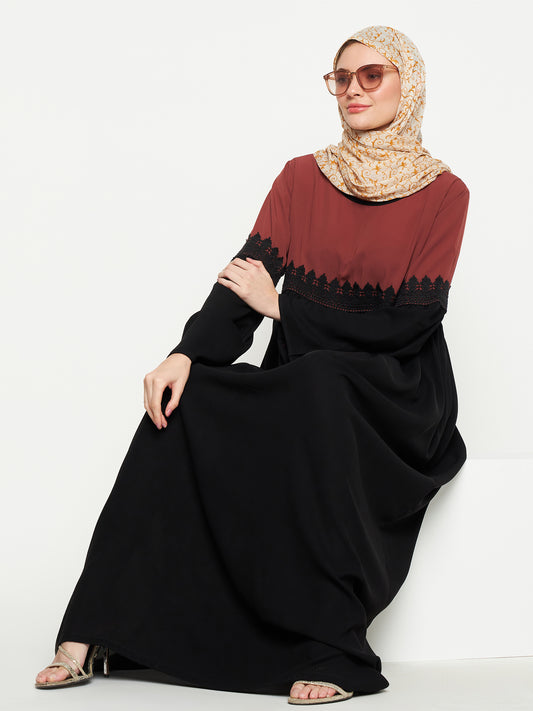 Nabia Lace Abaya Burqa -Black and Rust  with Black Georgette Scarf