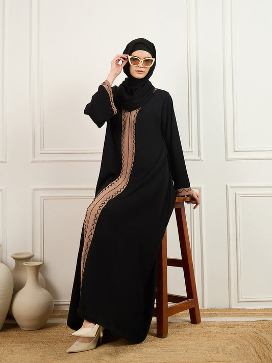 Nabia Black and Beige Handwork Abaya with Black Hijab