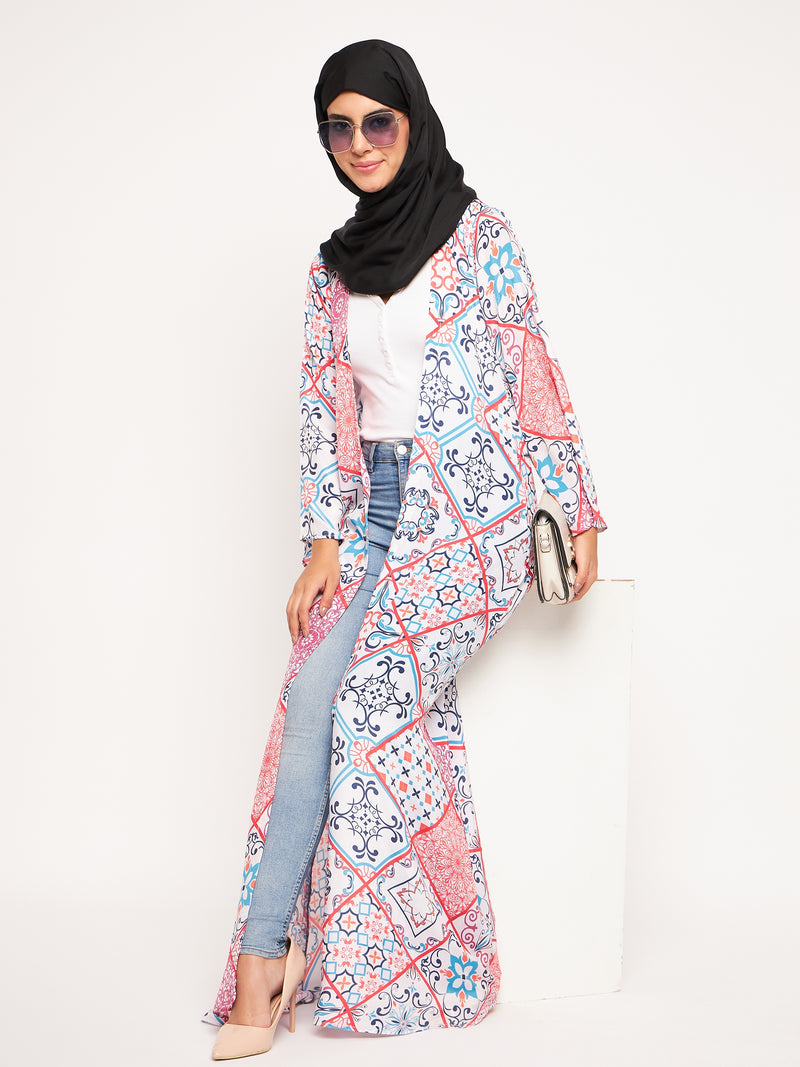 Nabia Women Multicolor Printed Front Open Shrug Abaya with Black Scarf