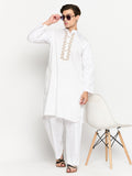 White Cotton Embroidery Details Men's Kurta Pajama Set