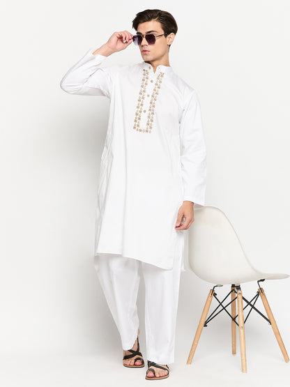 White Cotton Embroidery Details Men's Kurta Pajama Set