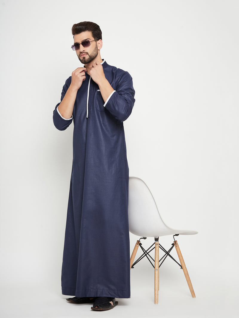 Nabia Blue Solid Mens Straight Sleeves Thobe / Jubba with White Piping Design