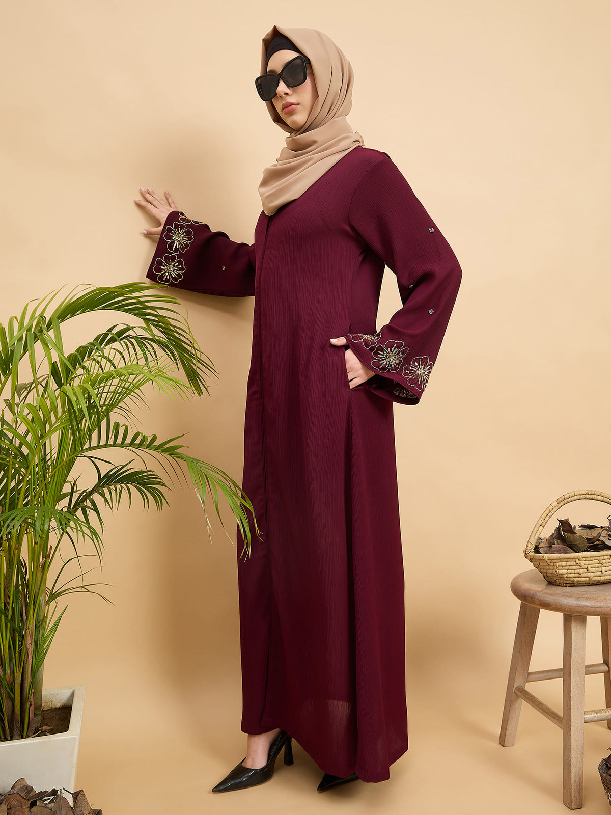 Modest Handworked Luxury Maroon Abaya Burqa with Beige Hijab
