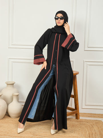 Nabia's two-colored black and rust Front Open abaya burqa with Black Georgette Hijab