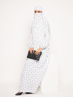 Nabia White Printed Free Size Adjustable Nosepiece Jilbab Abaya for Girls and Women