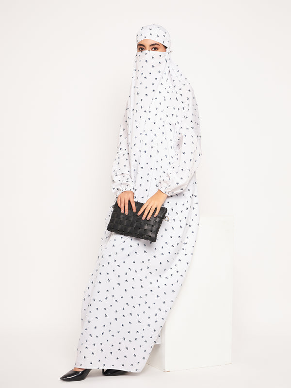 Nabia White Printed Free Size Adjustable Nosepiece Jilbab Abaya for Girls and Women