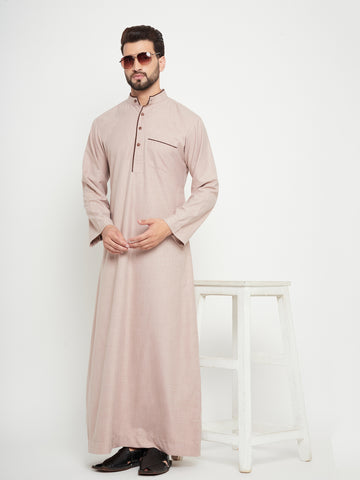 Nabia Beige Solid Mens Band Collar Thobe / Jubba with Brown Piping Design