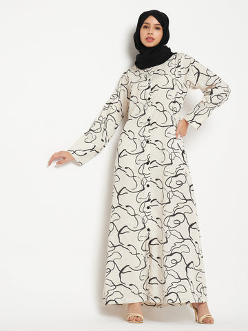 Nabia Women White Front Open printed Crepe Fabric Abaya Burqa With Georgette Scarf