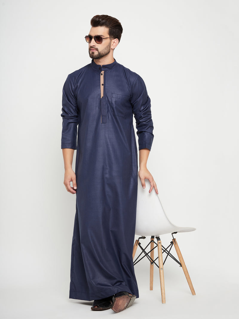 Nabia Blue Solid Mens Band Collar Thobe / Jubba with Beige Piping Design