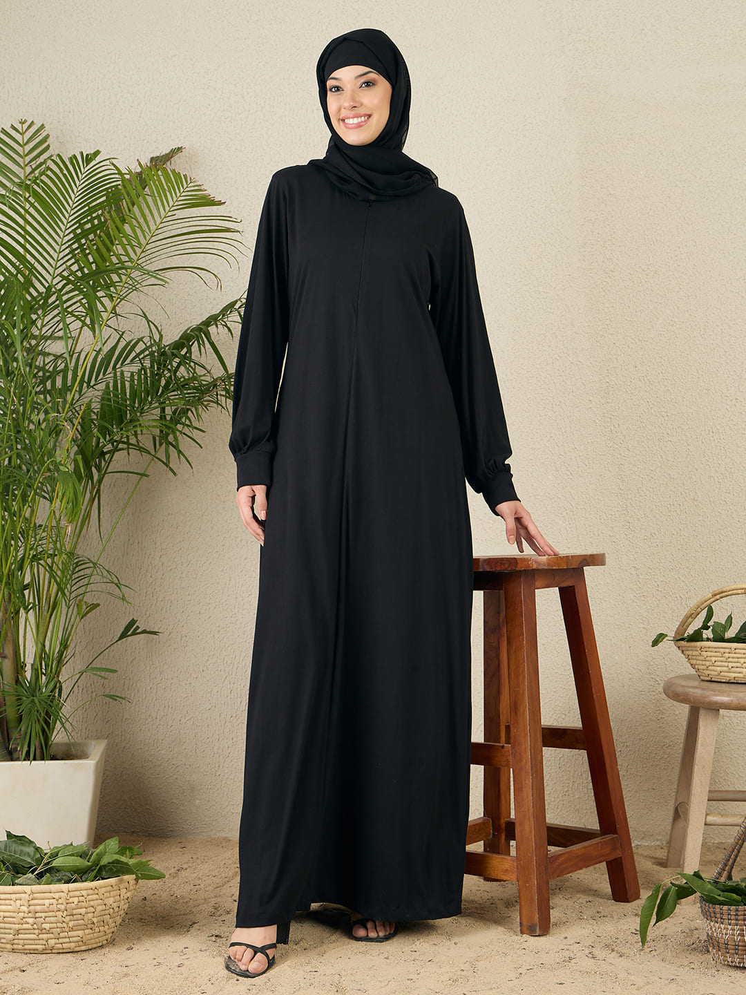 Nabia Black Zip Abaya for women with black scarf