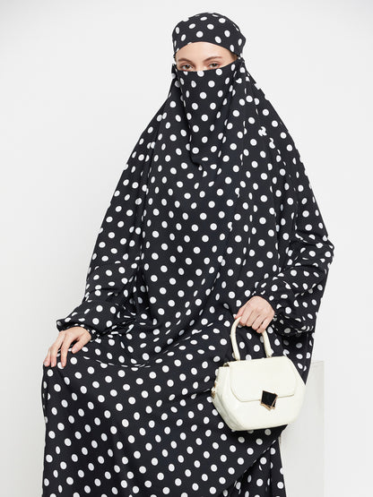 Black and White Polka Dot Free Size Jilbab Abaya for Girls and Women
