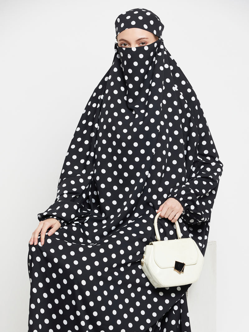 Nabia Black and White Polka Dot Printed Free Size Jilbab Abaya for Girls and Women