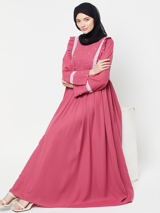 Pink Solid Lace Abaya with Black Georgette Scarf