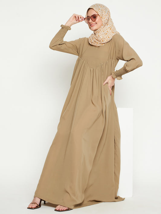 Nabia Women Beige Solid A-line Abaya Burqa with Black Georgette Scarf