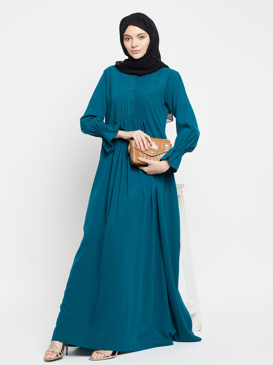 Green Solid A-line Abaya with Black Georgette Scarf