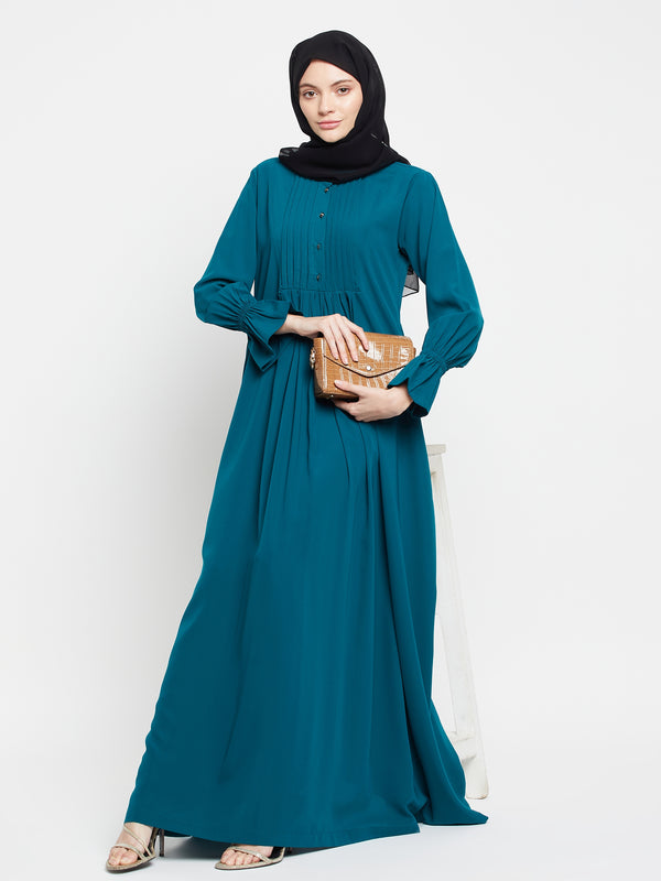 Nabia Women Bottle Green Solid A-line Abaya Burqa With Black Georgette Scarf