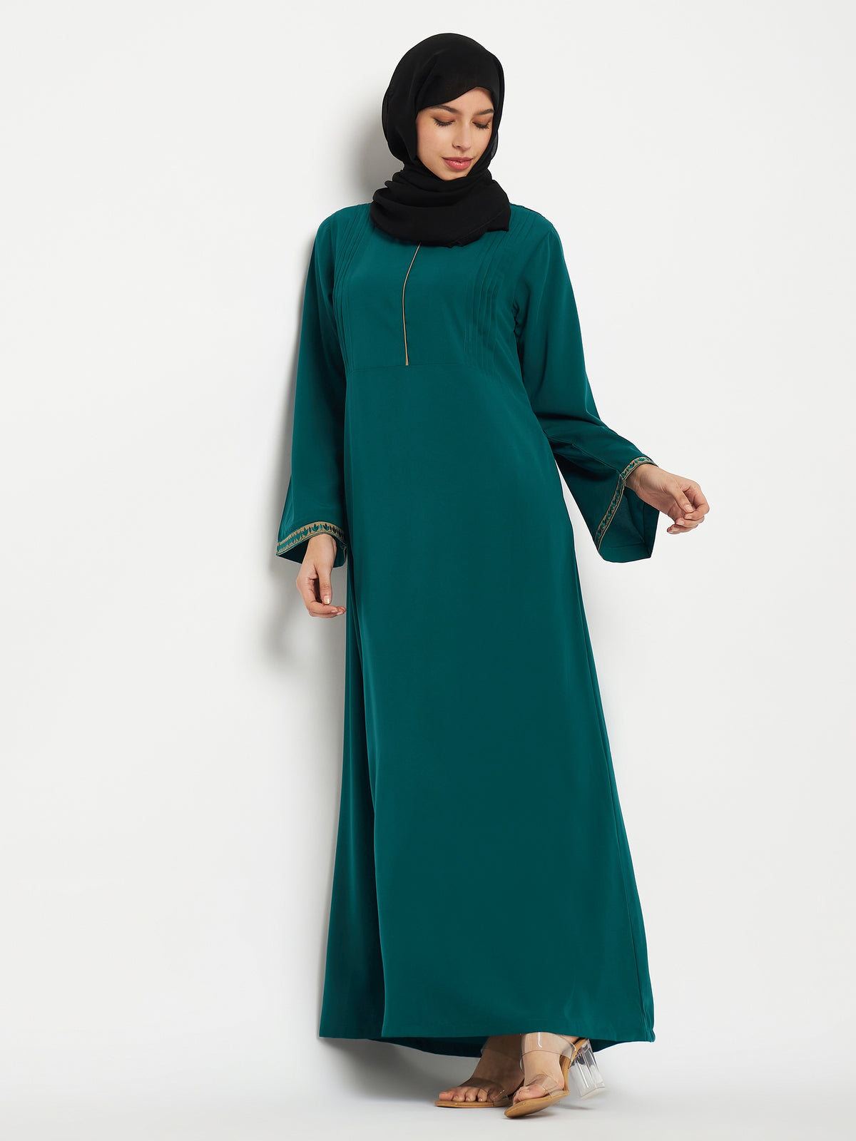 Nabia Embroidery Green Abaya with Black Scarf