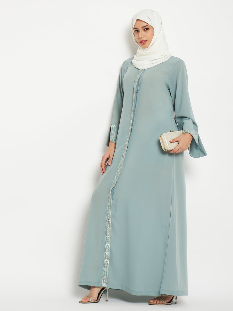 Nabia Embroidery Work Solid Sea Green Abaya Burqa For Women With Black Scarf