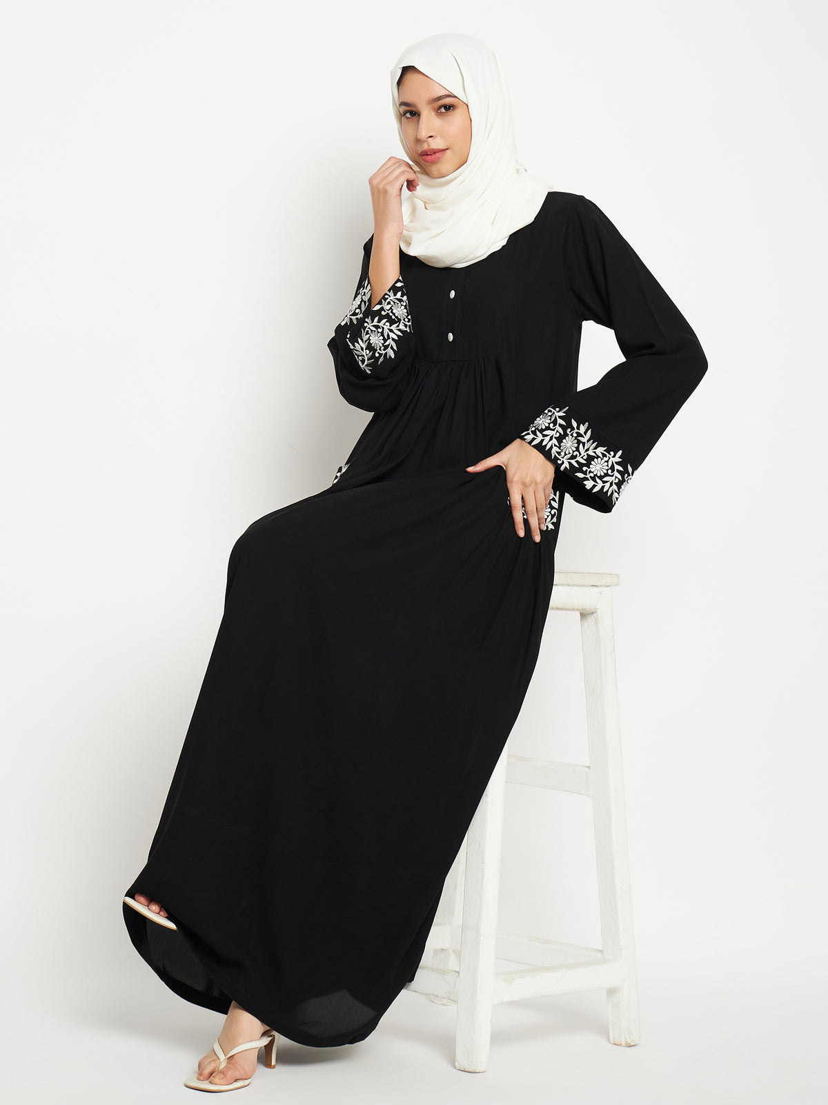 Nabia Embroidery Black Abaya with Black Scarf