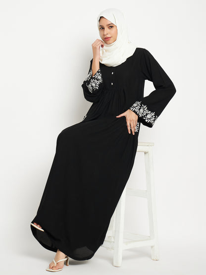 Nabia Embroidery Black Abaya with Black Scarf