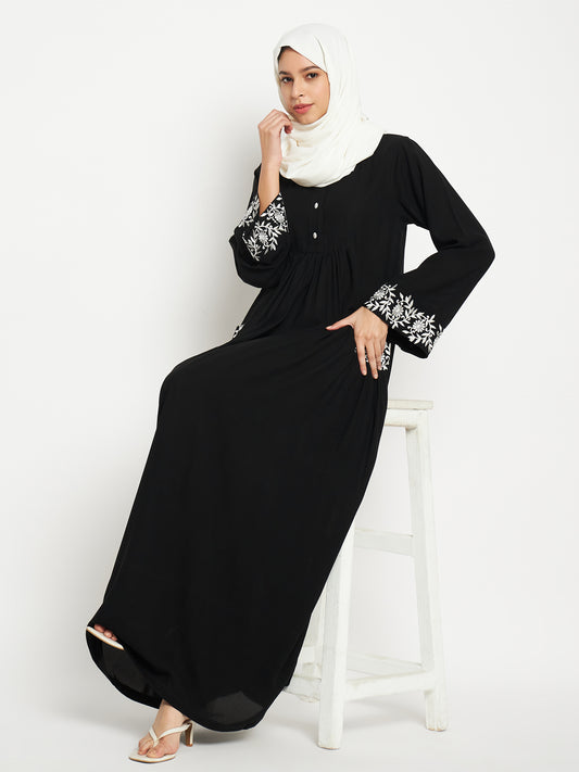 Nabia Embroidery Black Abaya with Black Scarf